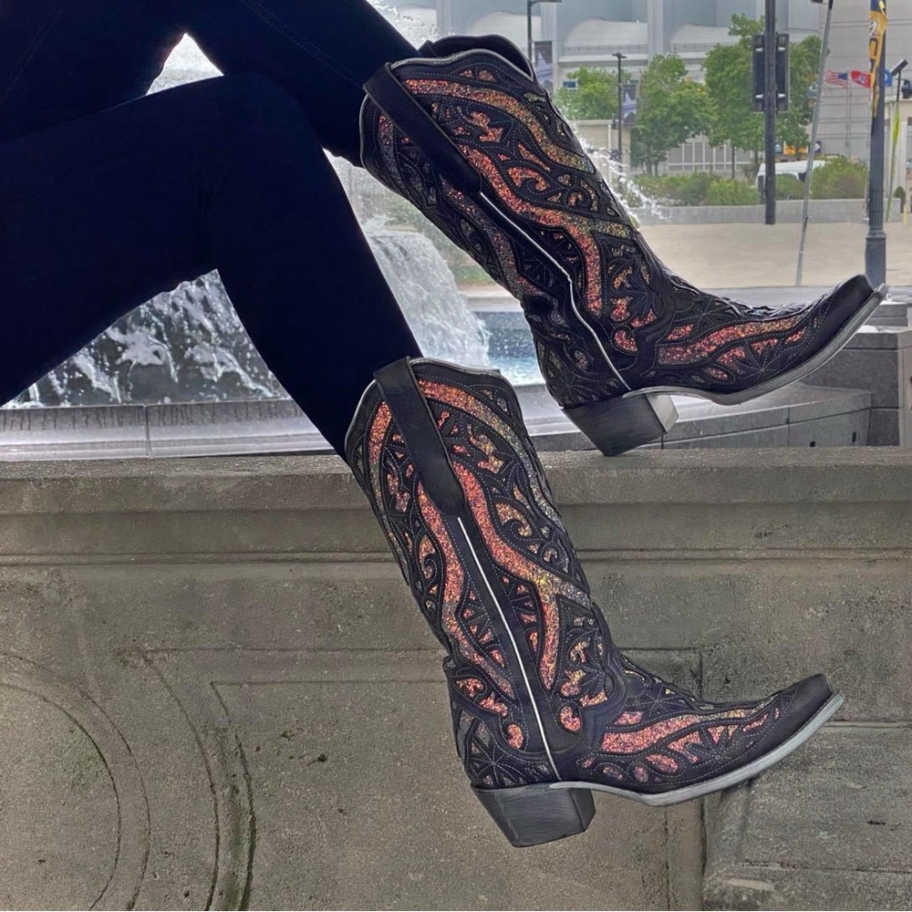 JB Dillon Black Glitter Inlay Sparkle Cowboy Boots Size 7.5 RARE Wedding Cowgirl - Picture 13 of 14